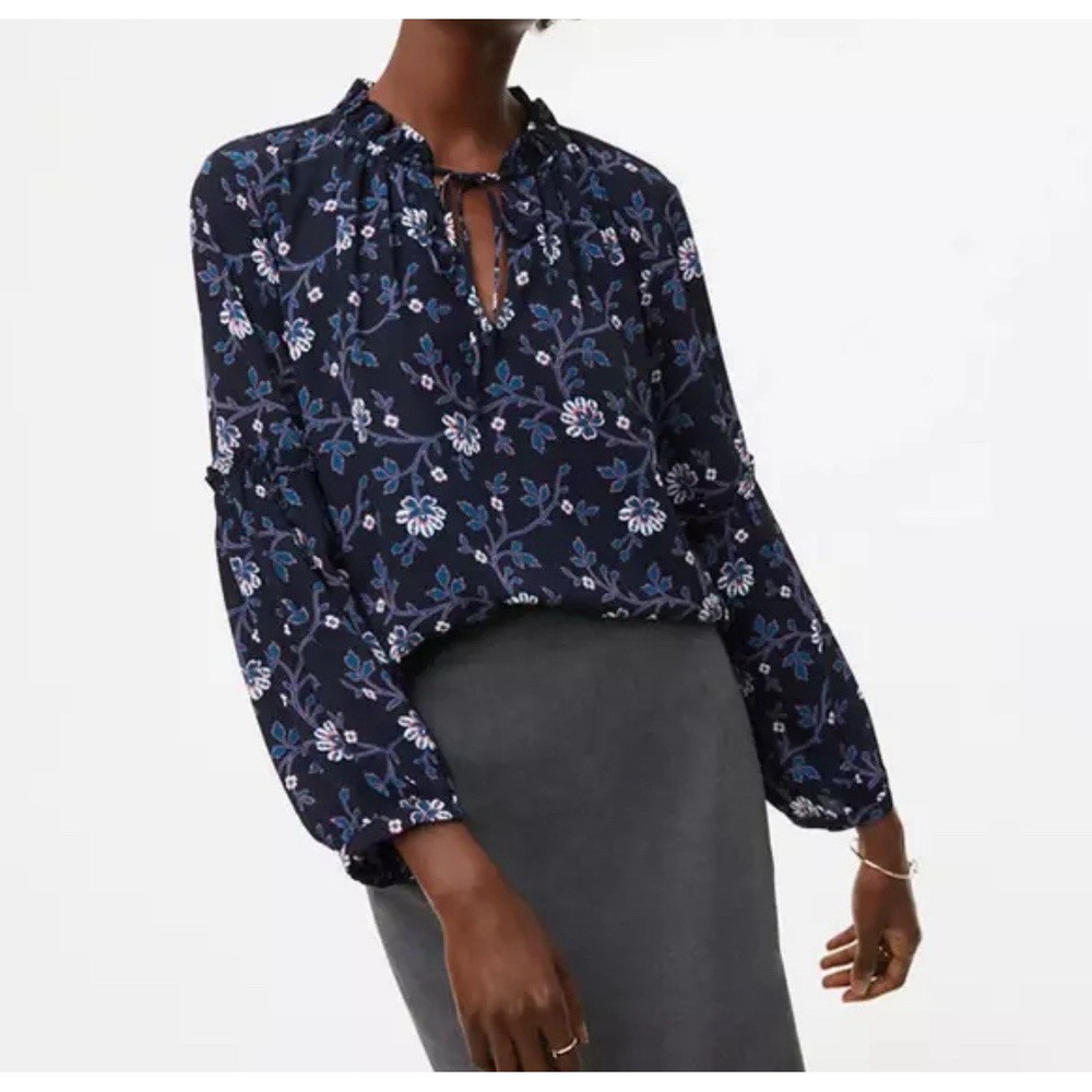 Loft Size L Navy Floral Tie-Neck Blouse Long Sleeve